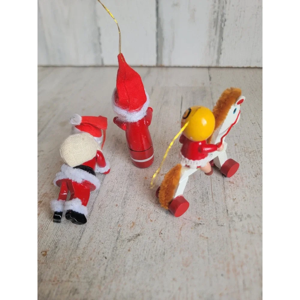 Santa Claus wooden horse vintage ornament Xmas set tree kid pipe